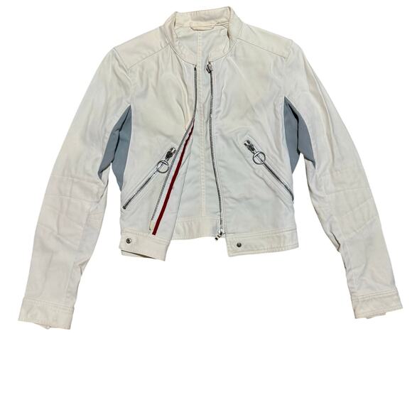 Prada Y2K early 2000’s RARE denim biker jacket, Sz4/S, White, Sky Blue, Red - Picture 1 of 9